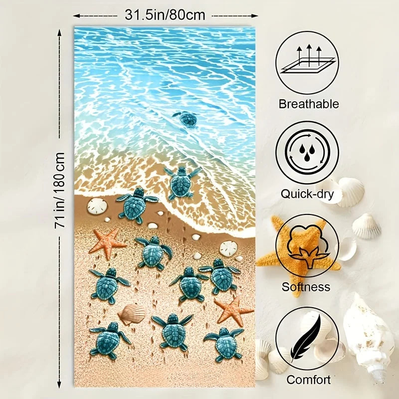 1pc, Oversized Microfiber Beach Towel with Cute Sea Stars and Turtles Graphic Pattern - Lightweight and Modern
