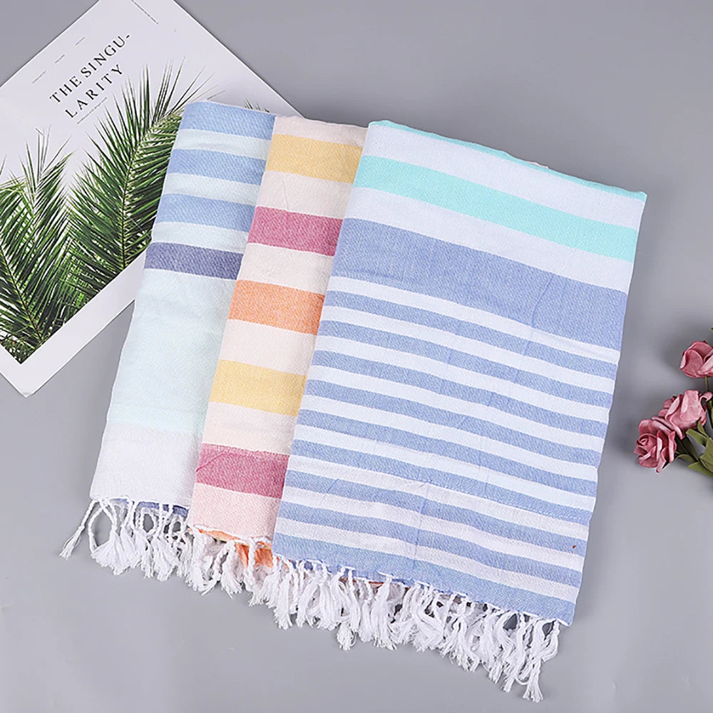100% Cotton Turkish Tassel Beach Towel Double Layer Thickened, Soft and Sandproof Lightweight, Suitable for Outdoor Traveling