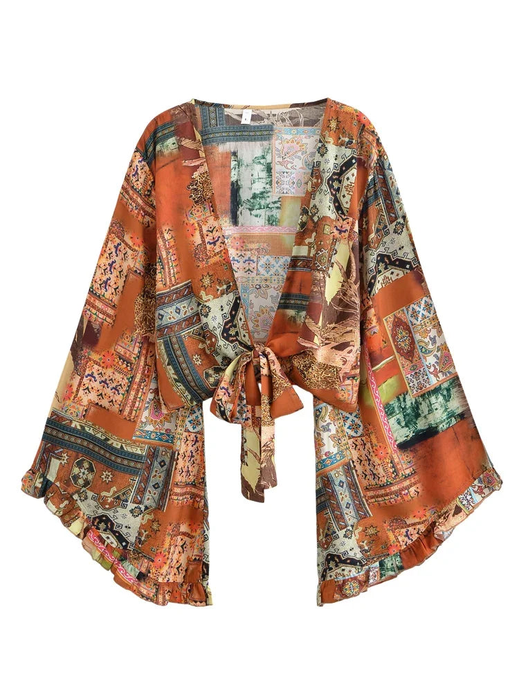 Boho Queens Sun Flower Beach Summer Short Kimono Women 2025 Ruffles Flare Sleeves Vacation Bohemian Bikini Cover-ups
