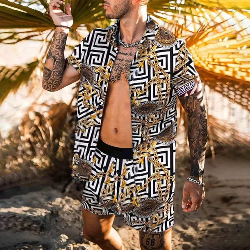 Men Hawaiian 2Pcs Sets Summer 3D Printing Short Sleeve Shirt Beach Button Shorts Streetwear Shirt Holiday Men's Two Piece Suit