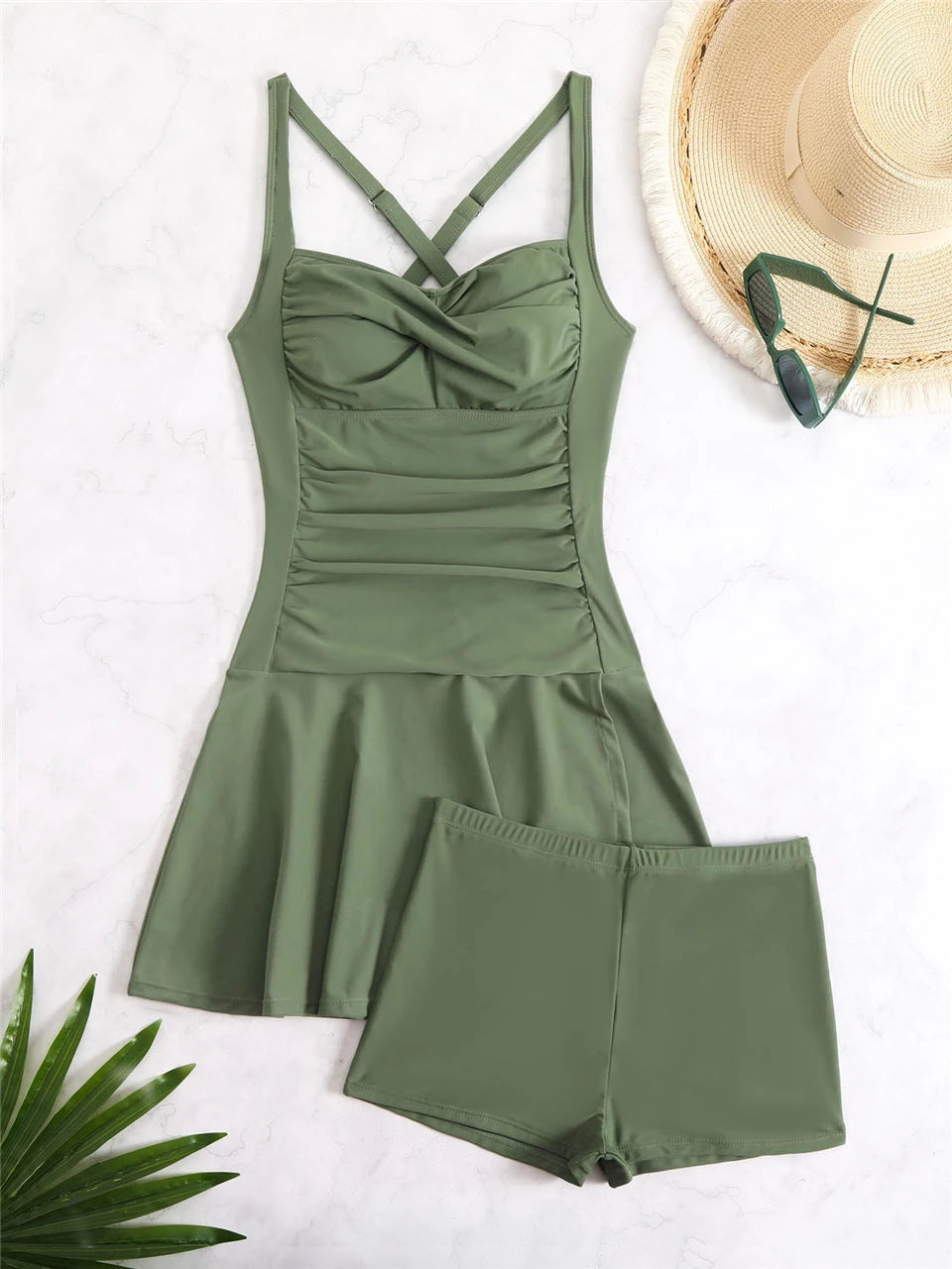Solid Two Pieces Swimsuit Women Ruched Tankini Beach Dress Swimwear With Shorts Female Bathers Bathing Swimming Suit Summer