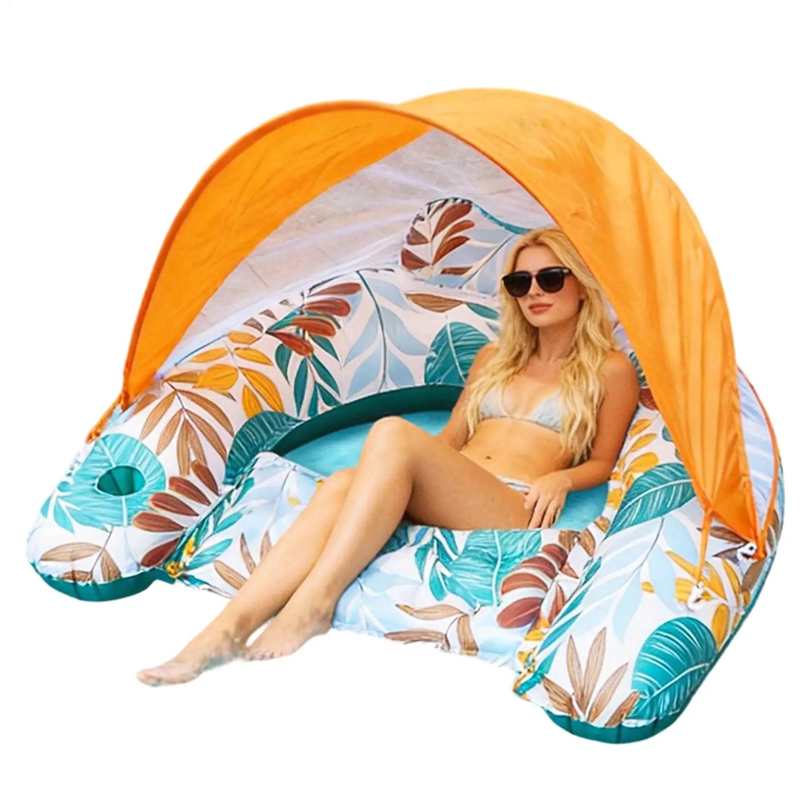 Inflatable Pool Float with Canopy Floating Lounge Chair Ergonomic Headrest Water Hammock for Summer Beach Vacation Relaxation