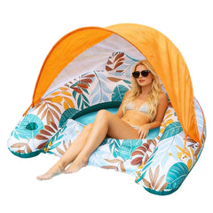 Inflatable Pool Float with Canopy Floating Lounge Chair Ergonomic Headrest Water Hammock for Summer Beach Vacation Relaxation
