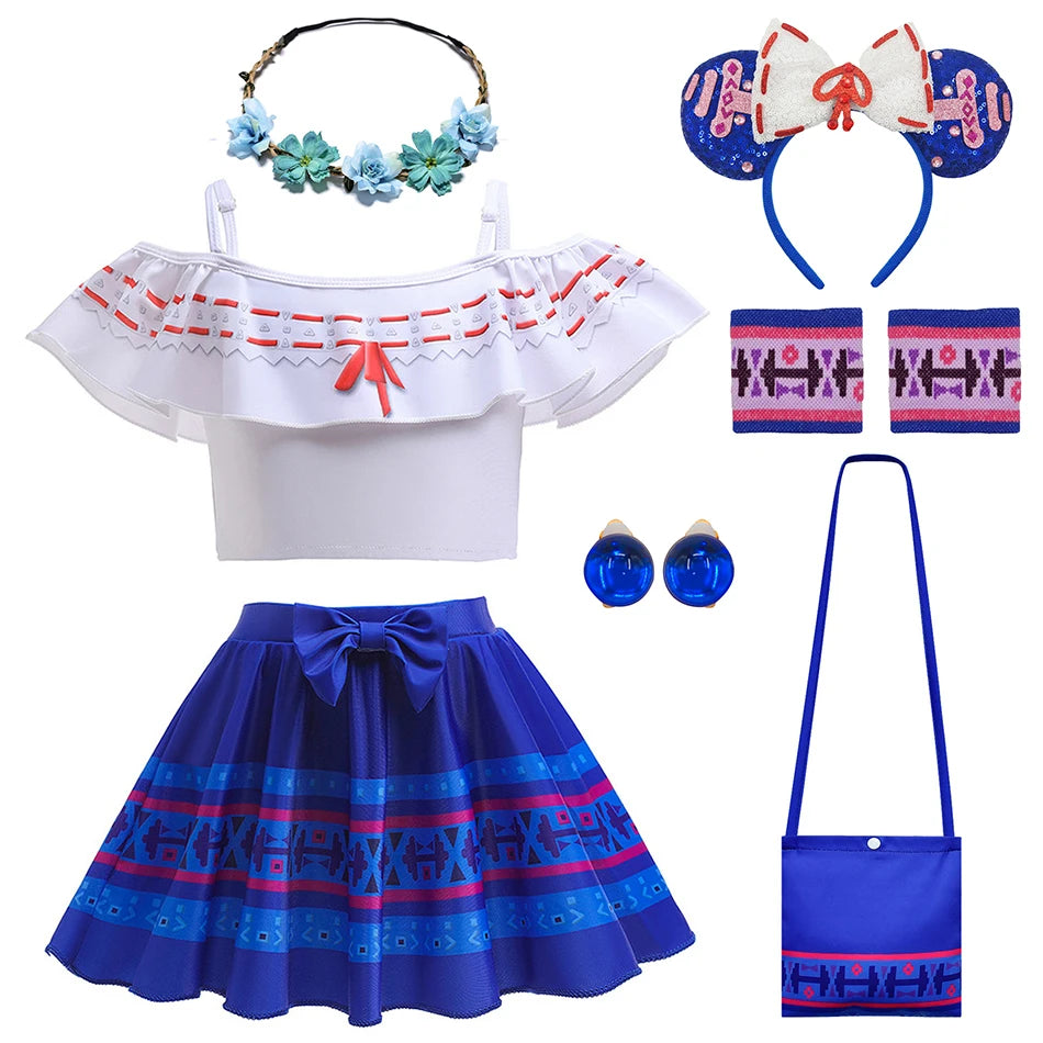 Encanto Cosplay Mirabel Isabela 2Pcs Tops Skirt Set Girls Dolores Luisa Pepa Bikini Swimwear Children Print Beachwear Costumes