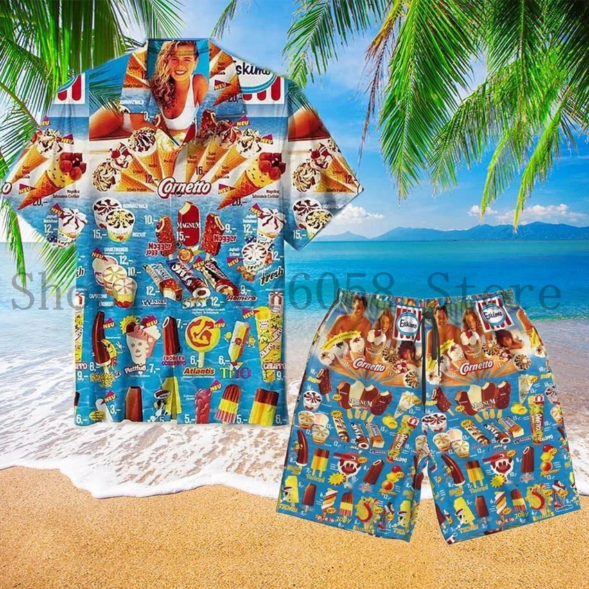 Trendy Cool Fashion Ice Cream Shirts Set Men 3D Print Shirt+Shorts Fashion Two Piece Sets Hawaii Beach Shirt Unisex Clothing