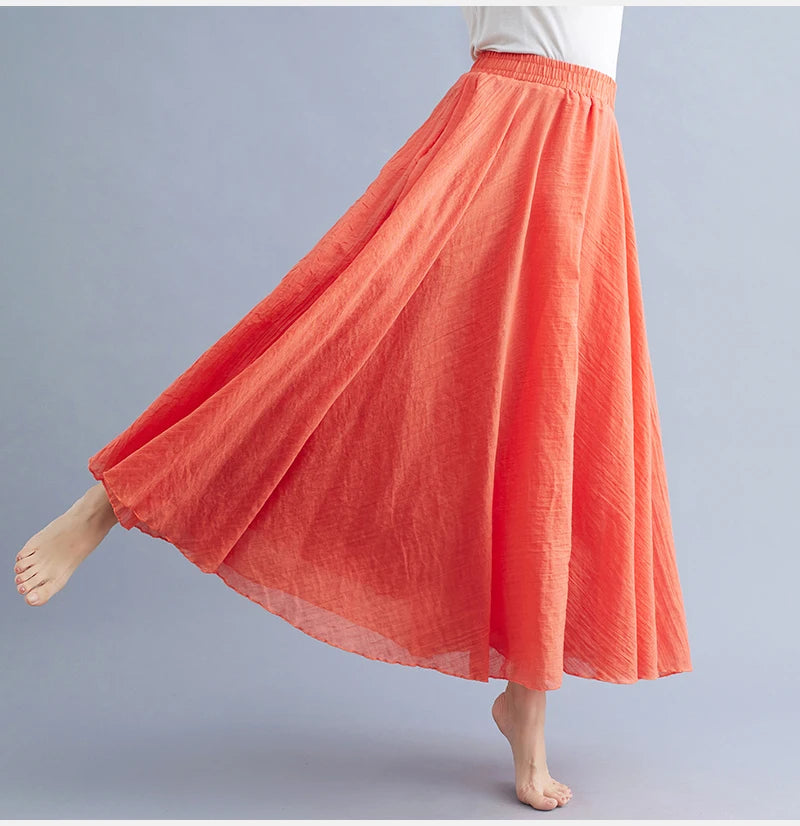 Boho Cotton Linen Beach Long Skirt Women Vintage Casual Solid A-line High Waist Dance Floor-Length Maxi Skirt Spring Summer New
