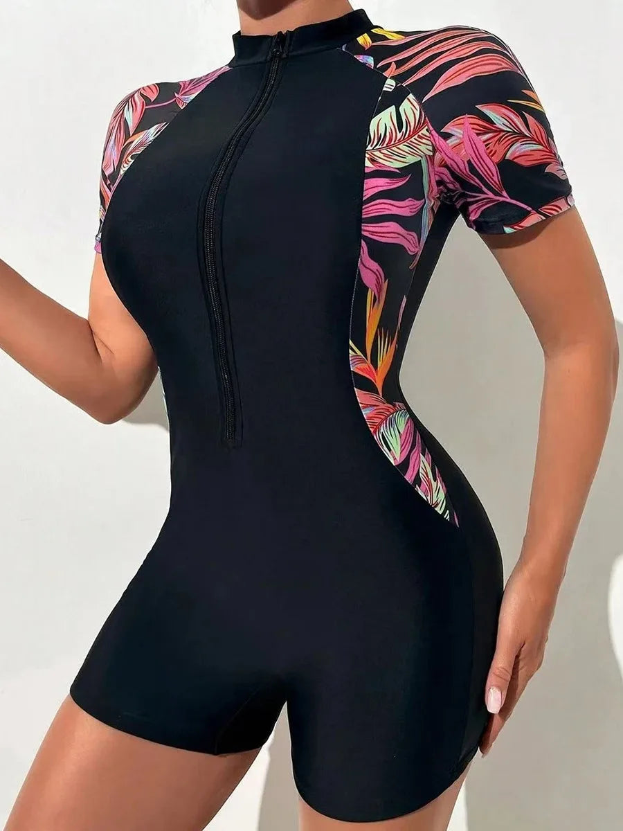 One-piece Women Swimwear Swim Suit Short Sleeve Swimsuit Zip Front Tropical Plant Surfing（No built-in bra), Quick Drying, UPF50