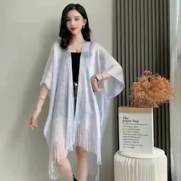 Sexy Fringe Tassel Sheer Knitted Beach Cover Up Dress Shiny Mesh Tunic for Women Swimwear Mesh Cover Lightweight Beach Dress