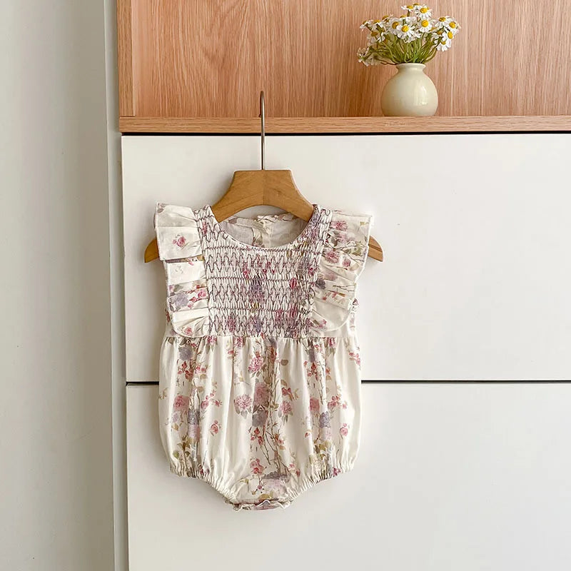 Girls Pink Floral Dress Ruffle Baby Romper Dress Summer Kids Short Sleeve Beach Dresses Toddler Bodysuit Sister Family Clothes
