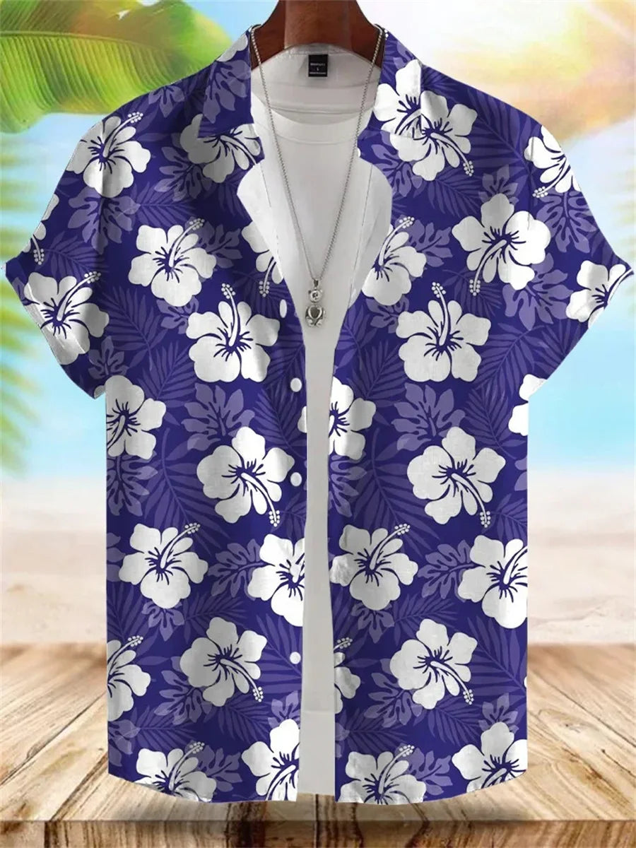 2026 Summer New Men's Tropical Floral Print Short-Sleeve Shirt, Casual Loose Fit, Vacation Style, Beachwear, Hawaiian Shirt