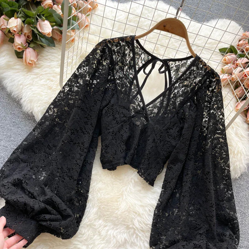 Frenchic Sexy Blusas Mujer Crochet Lace Sheer Women Tops V-neck Lantern Sleeve Backless Lace-up Ladies Elegant Blouse