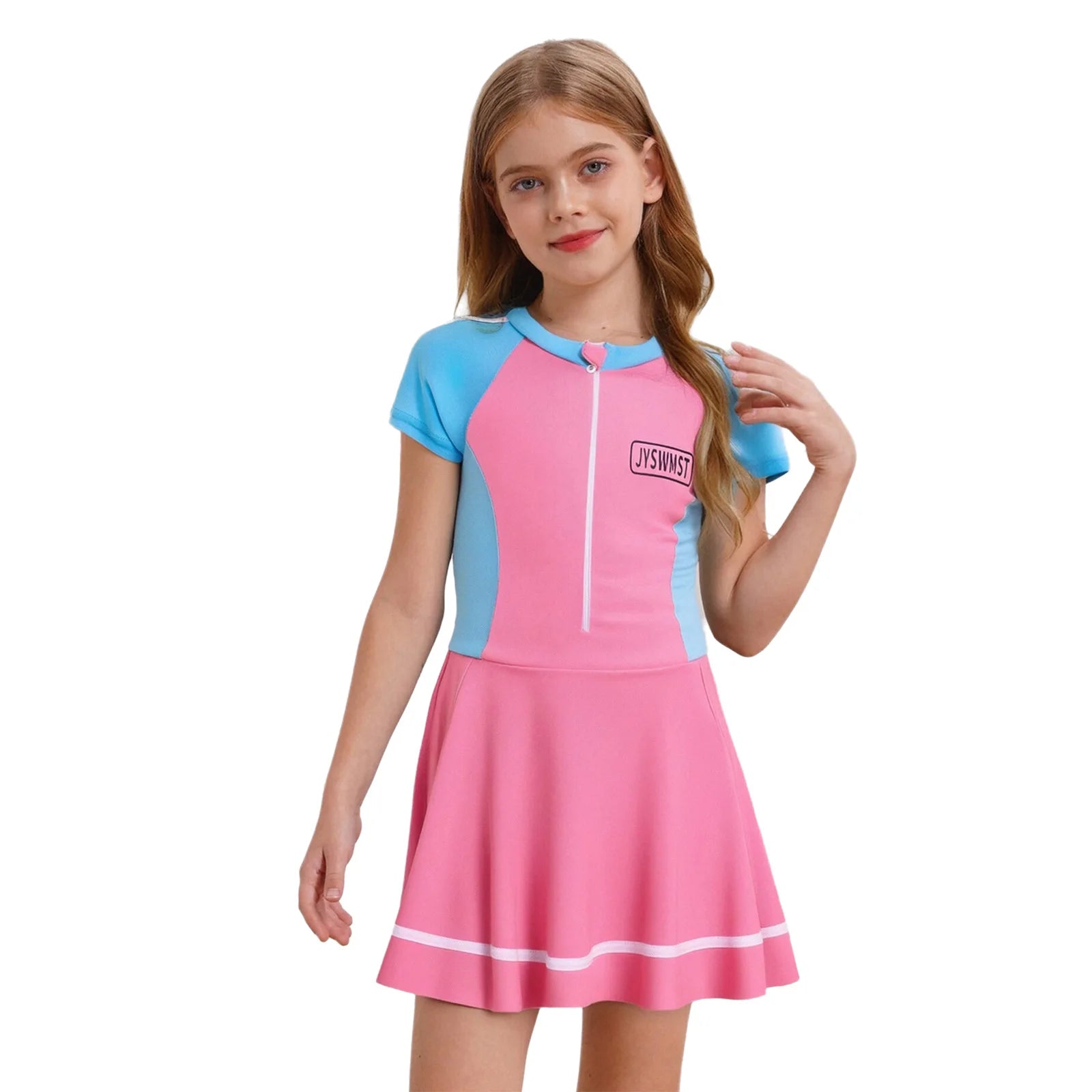 Fashion Girls One Piece Swim Dress Short Sleeve Color Block Swimsuit with Chest Pads Front Zipper And Safety Shorts Beachwear