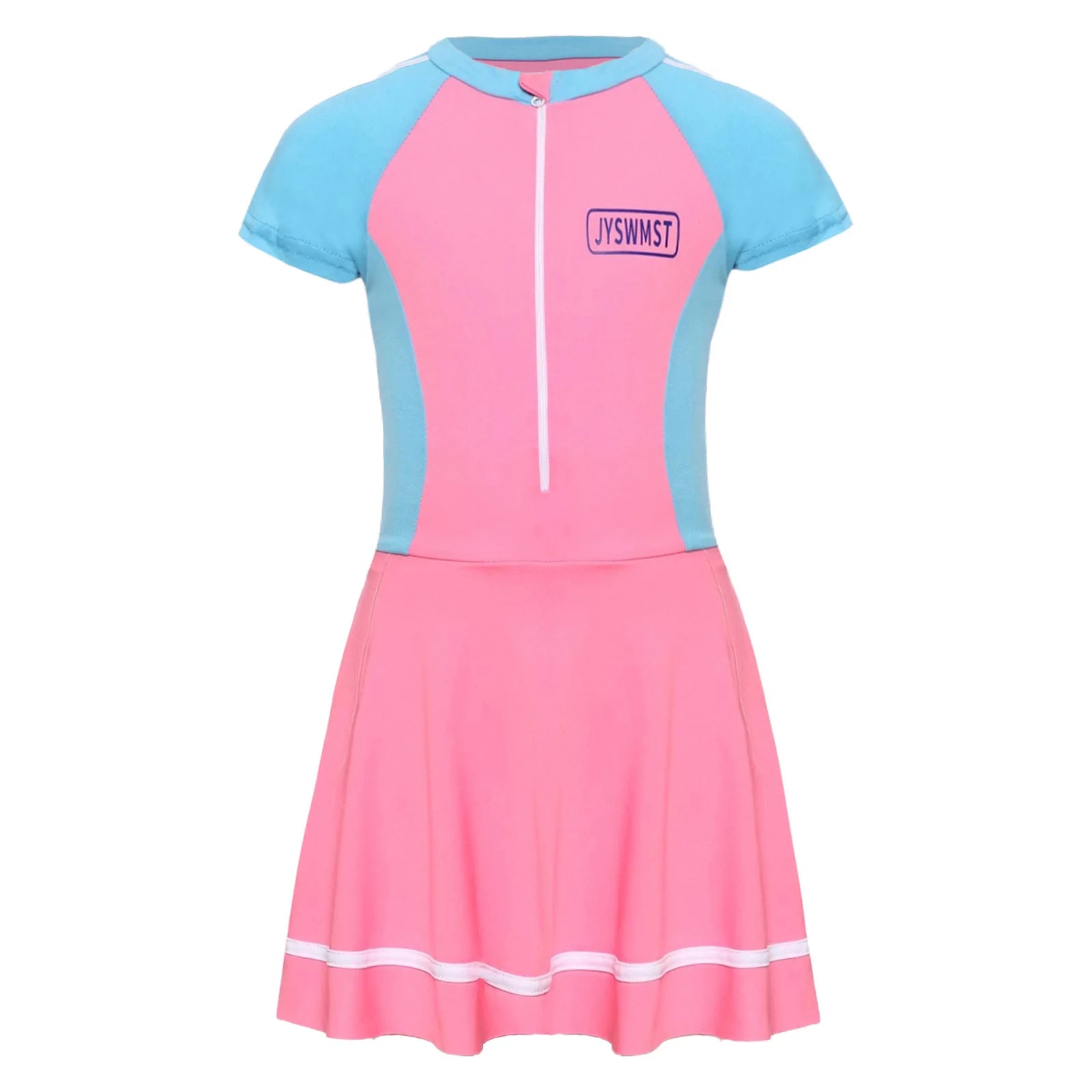 Fashion Girls One Piece Swim Dress Short Sleeve Color Block Swimsuit with Chest Pads Front Zipper And Safety Shorts Beachwear