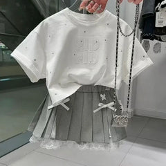 100-170cm Girls' summer outfit set 2025 summer new style children's short sleeved T-shirt pleated skirt stylish two-piece set