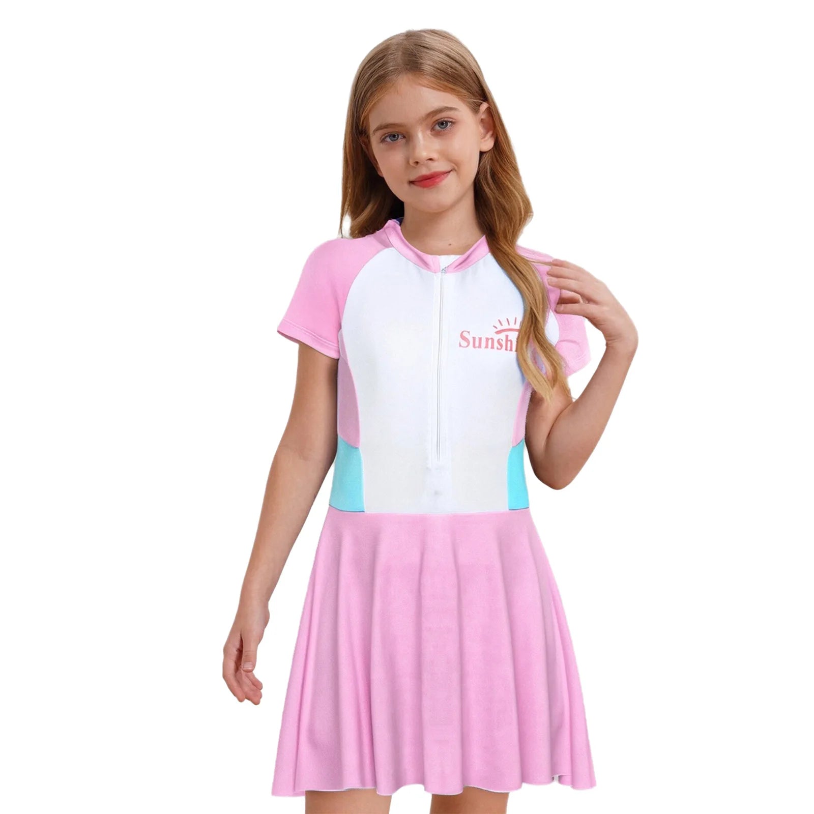 Fashion Girls One Piece Swim Dress Short Sleeve Color Block Swimsuit with Chest Pads Front Zipper And Safety Shorts Beachwear