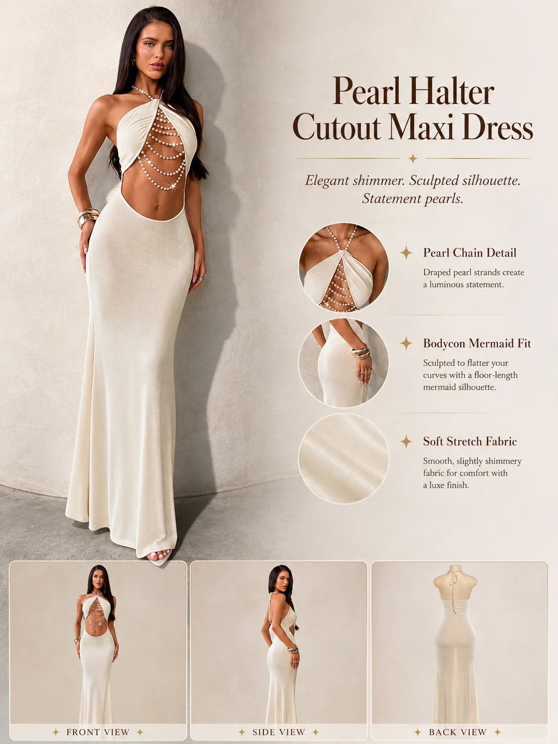 Halter Neck Cutout Bodycon Maxi Dress for Women, Pearl Chain Decor Sleeveless Backless Mermaid Dress Clubwear Cocktail Party Outfit