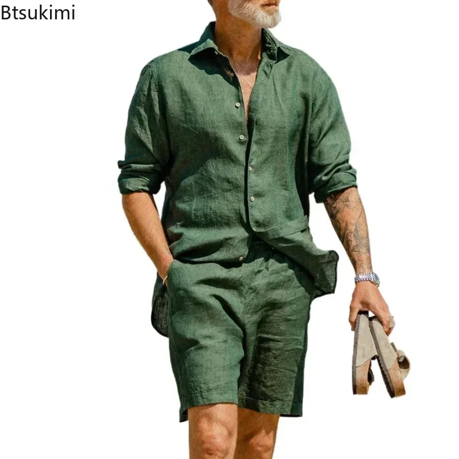 2026 Fashion Streetwear Men's Summer Comfy Cotton Linen Casual Suit Long-sleeved Shirt and Shorts Two-pieces Men Vacation Outfit