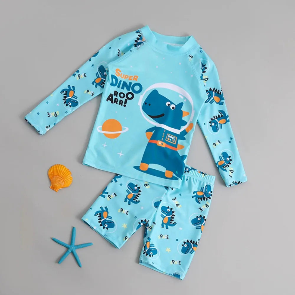 Boys Dinosaur Swimwear Set 2Pcs Kids Long Sleeve Rash Guard Swim Shirt + Shorts Toddler Swimming Suits Beachwear for Boys