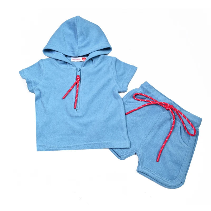 Summer Terry Sibling Clothing Set for Boys And Girls Blue Shirt for Boy Girl Dress Zipper With Colorful Drawstring Teens Outfit