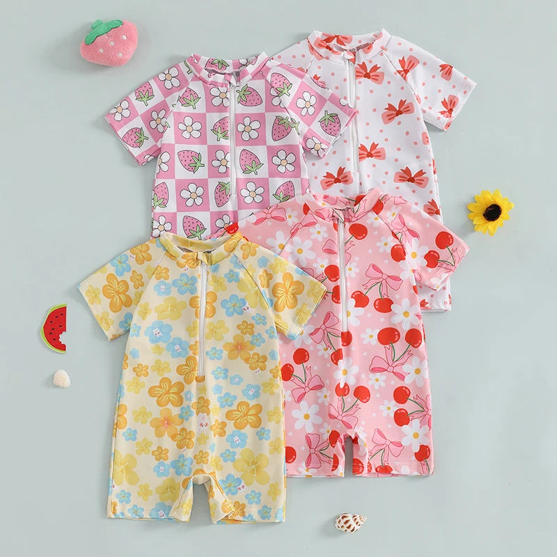 0-3Years Baby Boy Girl Rash Guard Swimsuits Fashion Print Short Sleeve Zip Up Rompers Bathing Suit Toddlers Swimwears Beachwear
