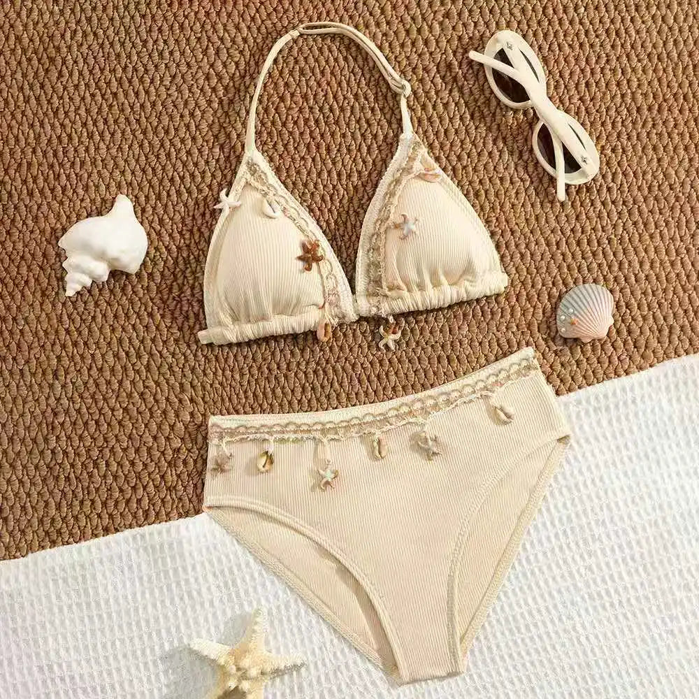 2026 Solid Girls Swimsuit Halter Triangle Bikinis Kids Swimwear Female Children's Bathers Bathing Swimming Swim Suit 8-12Y