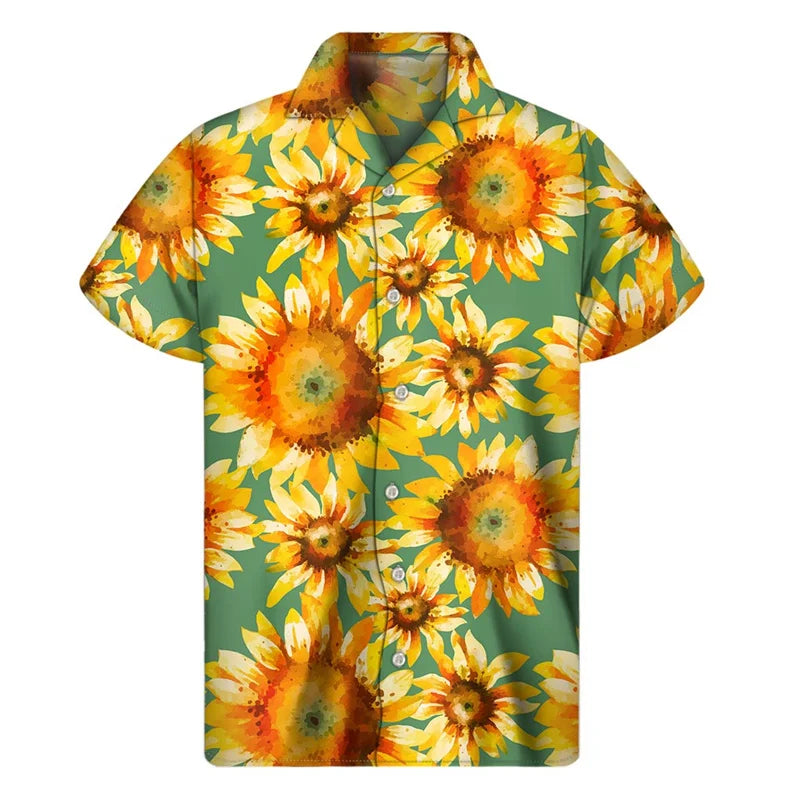3d Plants Sunflower Print Shirt For Men Fashion Classic Short Sleeve Summer Vacation Shirts Breathable Tops Hawaiian Shirts
