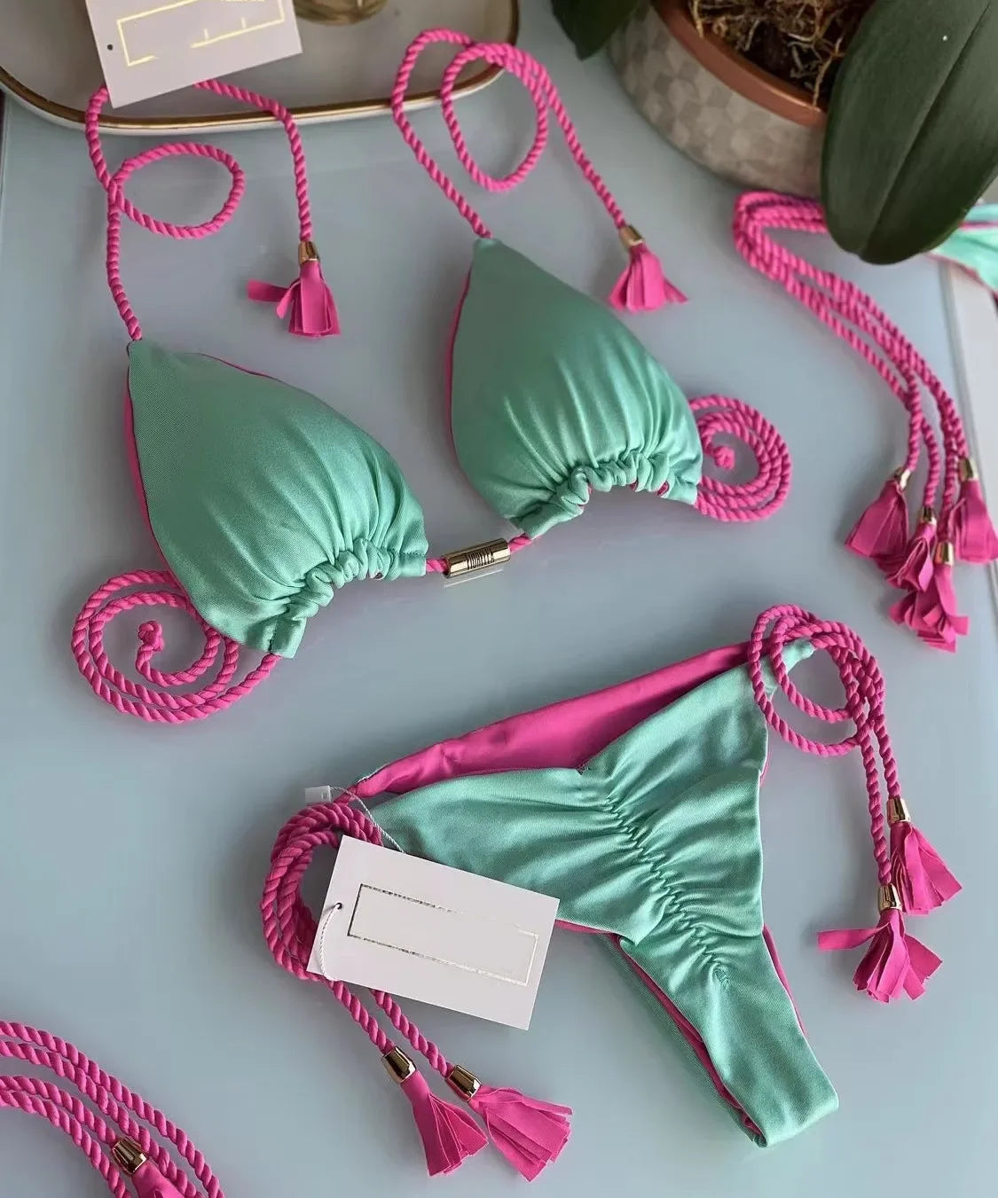 New Women Bikini Backless Rope Triangle Swimsuit Multicolor