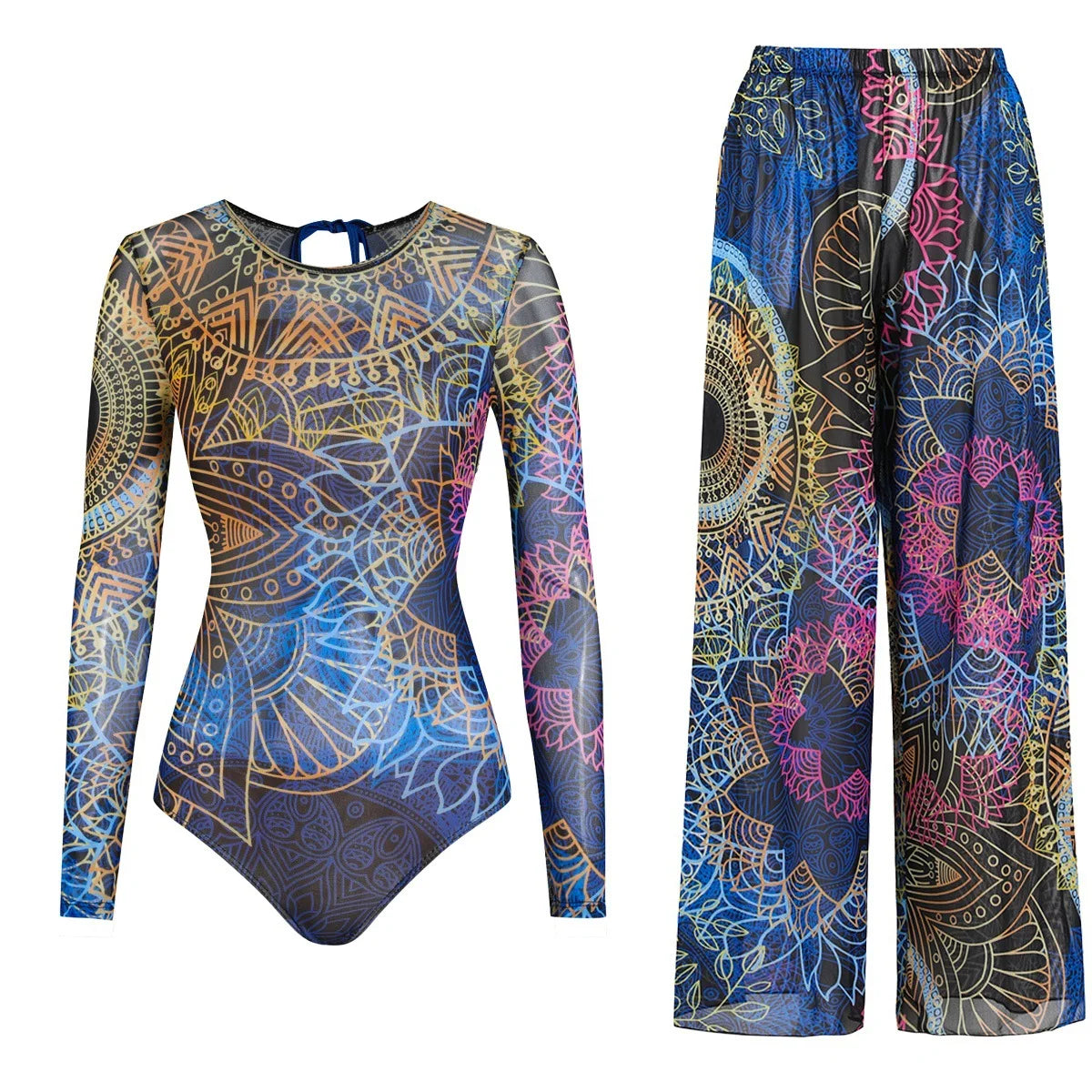 Women's Long Sleeve Swimwear Sunscreen One Piece Swimsuit High Elastic Thickened Mesh Loose Pants SPF35+ New Fitness Beachwear