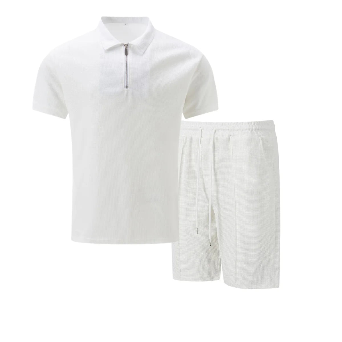 Men Europe and the United States New Summer Waffle Solid Color Zip-Up Lapel Short-Sleeve Suit Shorts Two Sets