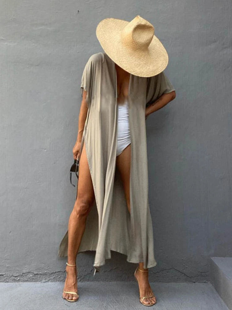 Swimsuit Cover Ups for Women Beach Cape Tunic Kimono Summer Belted Split Wrap Dresses Pareo Holiday Bathing Suits Factory Supply
