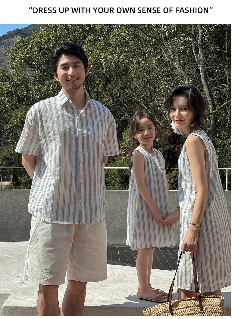 Korea Style Family Matching Outfit Striped Print Short Sleeve T-shirt+Shorts Tank Dress Parent-child Clothing Beach Holiday Look