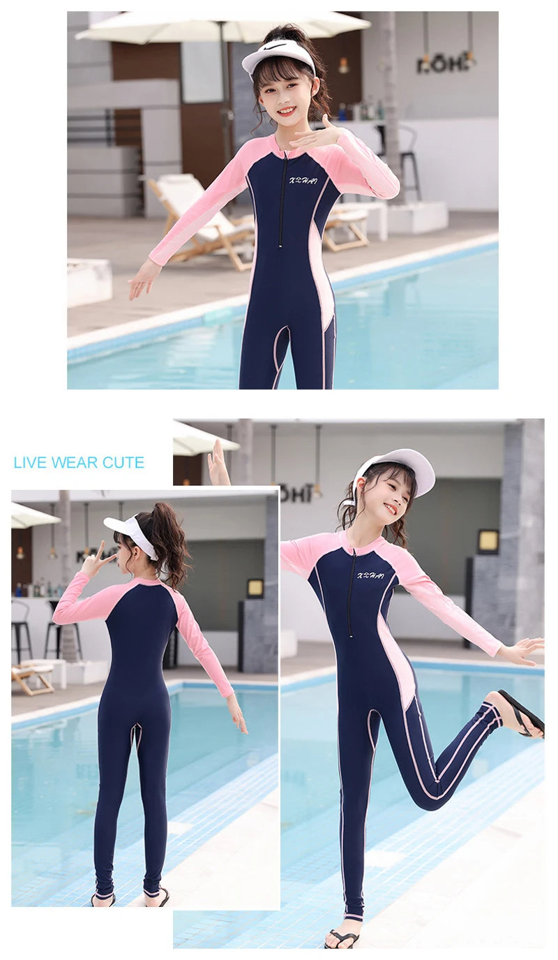 One Piece Girls Swimwear Full Cover Long Sleeve Swimsuit Kids Sun Protection Swimming Suit Teenage Korean Style Bathing Suit