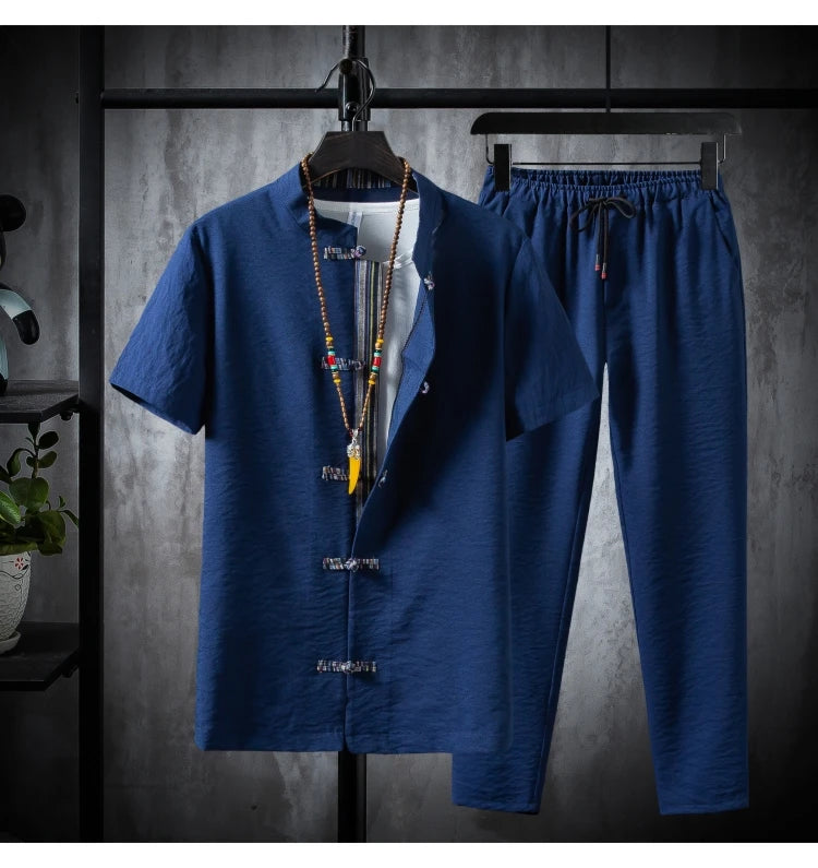 Shirts + Pants summer 100% Cotton linen shorts sleeve Men's Casual Sets Male Fashion trousers and shirts men full size M-5XL