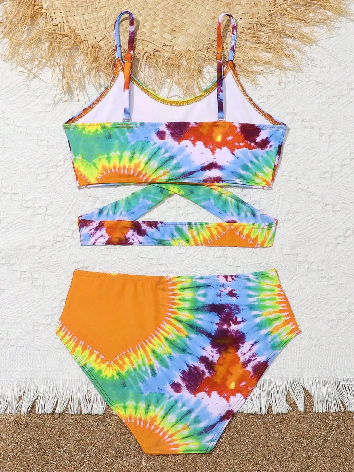 Girls Two Pieces Tie Dye Heart Print Bikini Kids Cross Wrap High Waist Swimsuit 7-12 Years Children's Bathing Suit Teens Pink