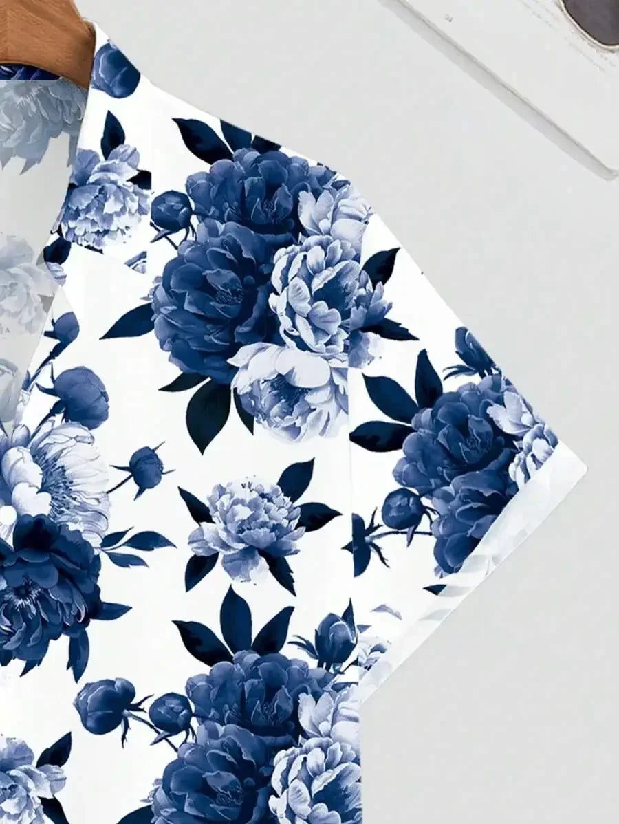 Men Casual Floral Print Short Sleeve Shirt Hawaiian Style Slim Fit For Summer Outdoor