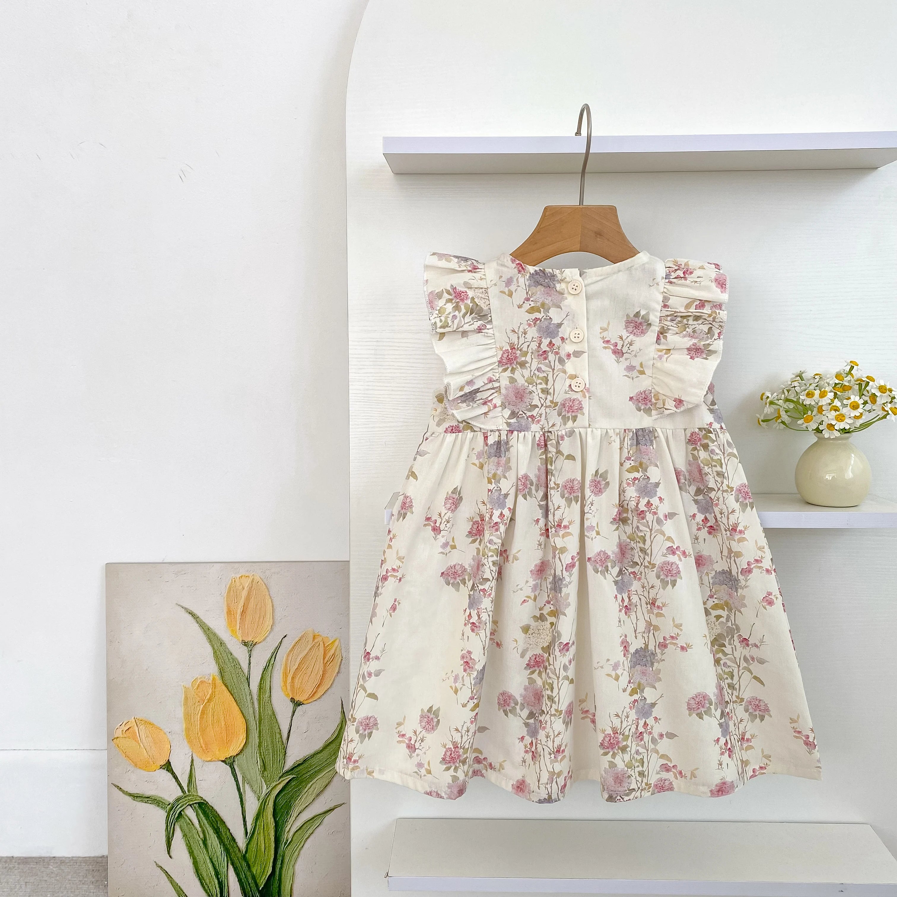 Girls Pink Floral Dress Ruffle Baby Romper Dress Summer Kids Short Sleeve Beach Dresses Toddler Bodysuit Sister Family Clothes