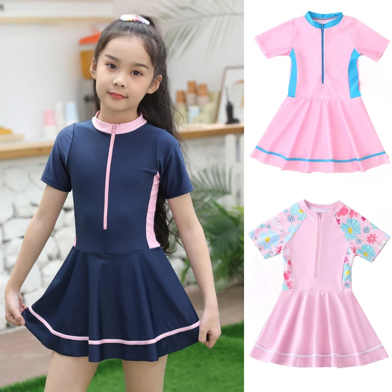Swimming Suit Girls Zipper Swimmingsuit Girl Kids One Piece Swimsuit Flower Patchwork Swimming Suit For Girls