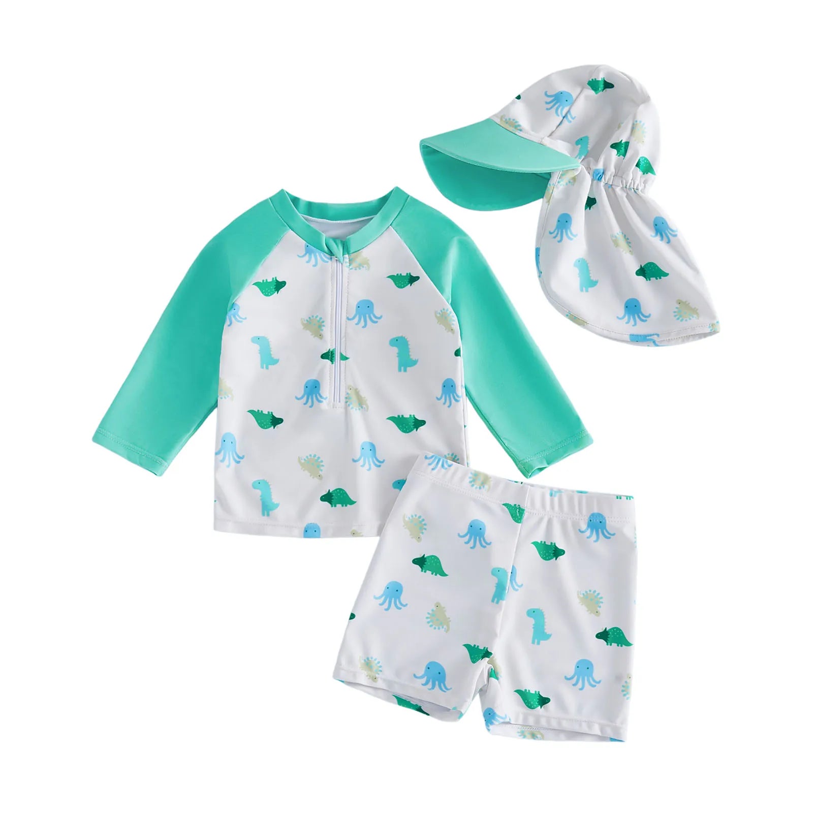 3Pcs Toddler Boy Swimsuit Set Long Sleeve Crew Neck Marine Animal Print Tops Swim Trunks and Hat Rash Guard Bathing Suit