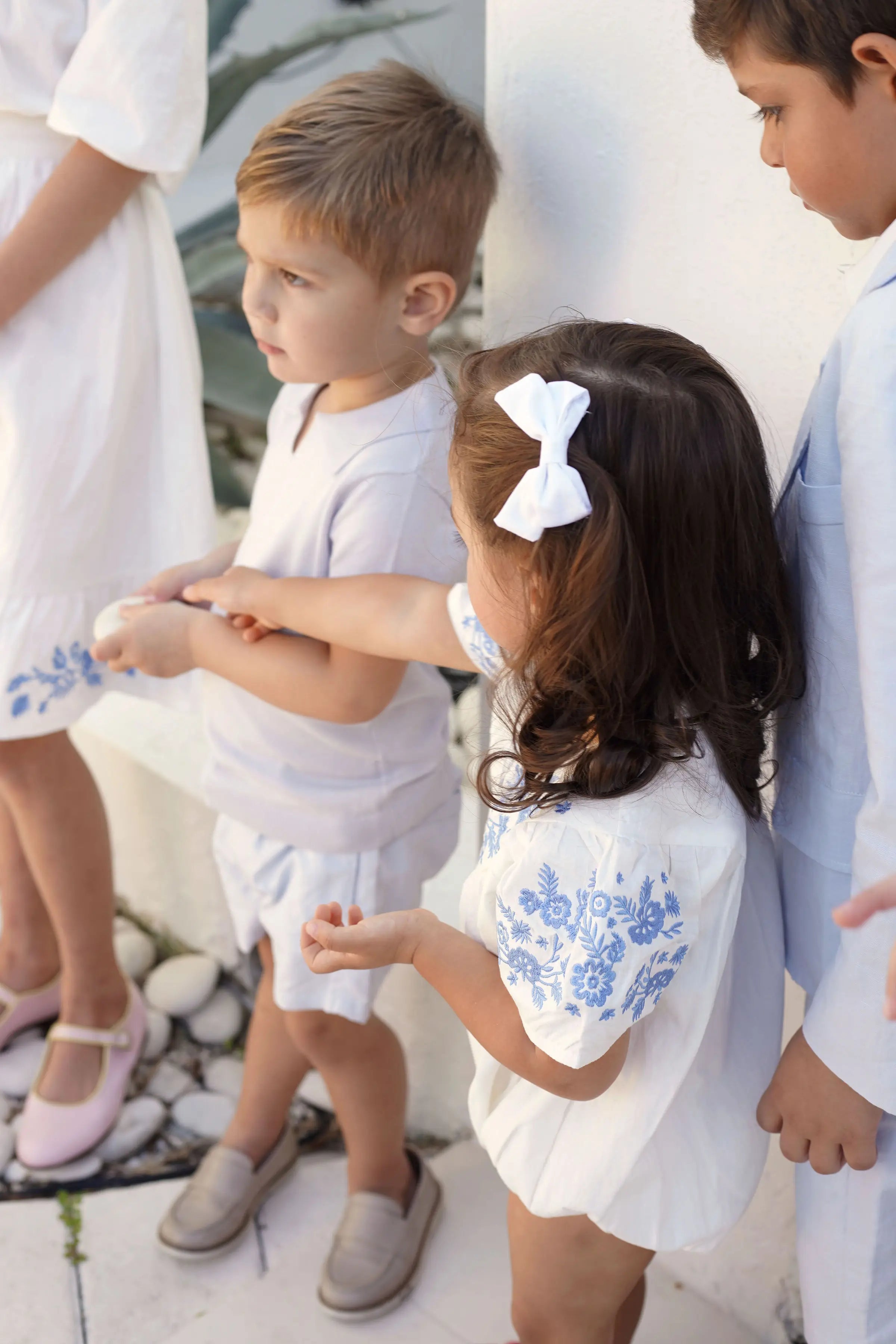 AP Cobalt Embroidery Collection Not Transparent 2025SS Girls Dress Sister Brother Matching Clothing Set Baby Romper Knit Polo
