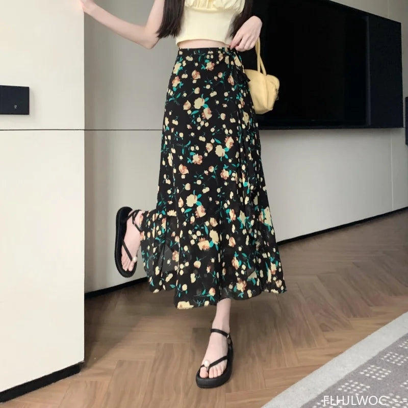 Wrap Up Chic Korea Clothes Women Cute Girls Floral Robe Holiday Beach Date High Waist Retro Vintage One-Piece Lace-Up Skirts
