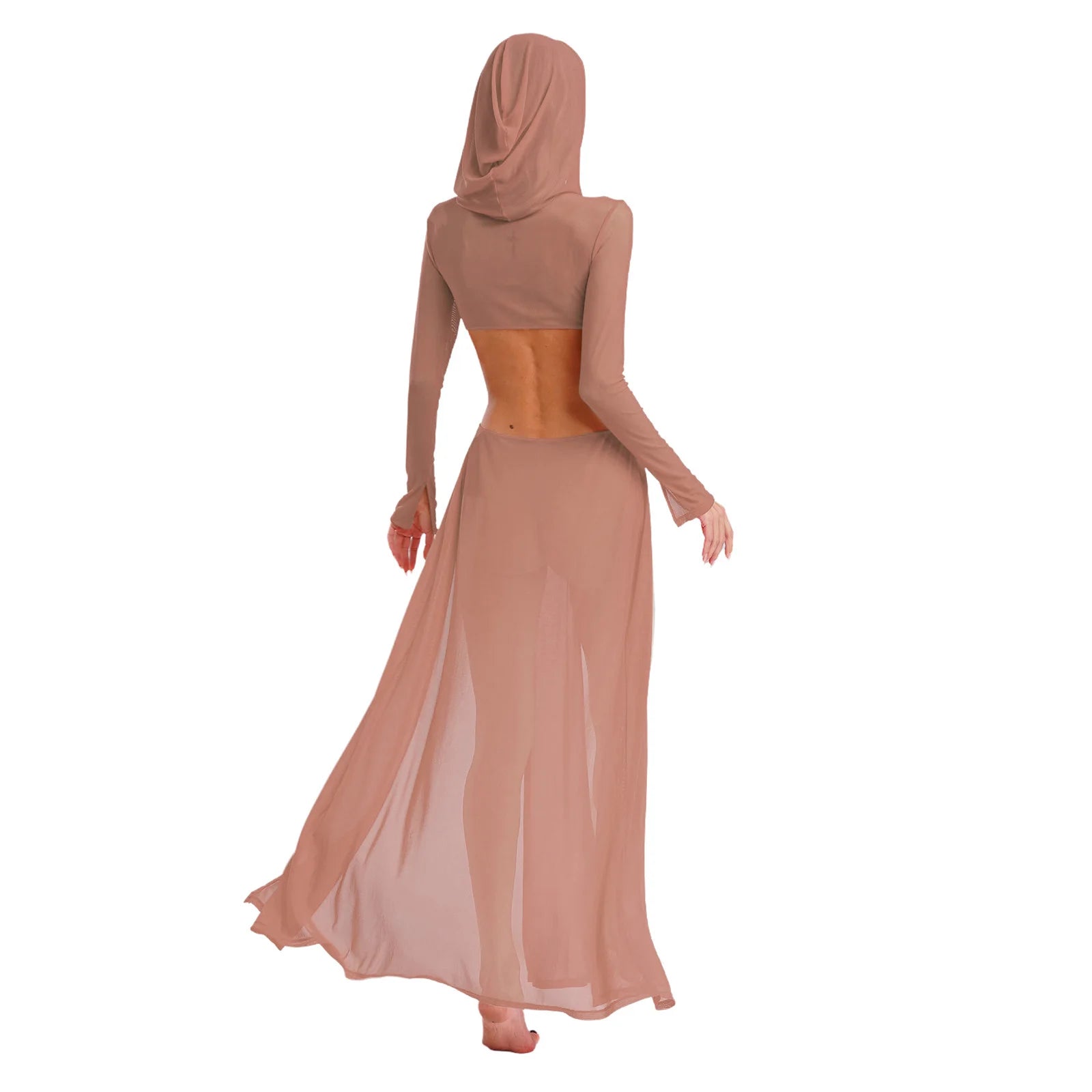 Women Sheer Dress with Hooded Face Mask Maxi High Slit Sexy Mesh Dress Long Sleeves Hollow Out Sheer Dress Cover Up Swimwear