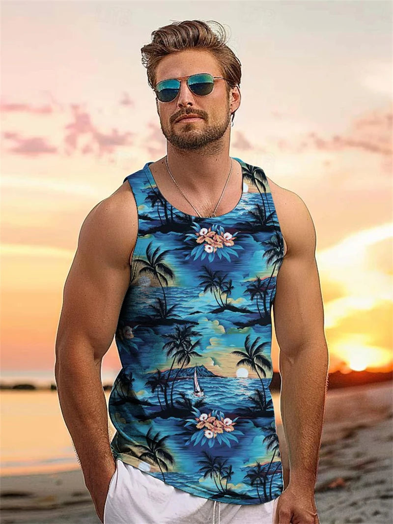 Tropical Plant Palm 3D Graphic Men's Sleeveless Hawaii Vacation Outdoor Casual Tank Tops Summer Travel Street Loose Men Clothing