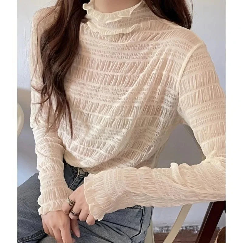 New Women Floral Lace Shirt Spring Autumn Long Sleeve Sexy Mesh Bottoming Shirts Mock Neck Blouse T-Shirt Pullover Top