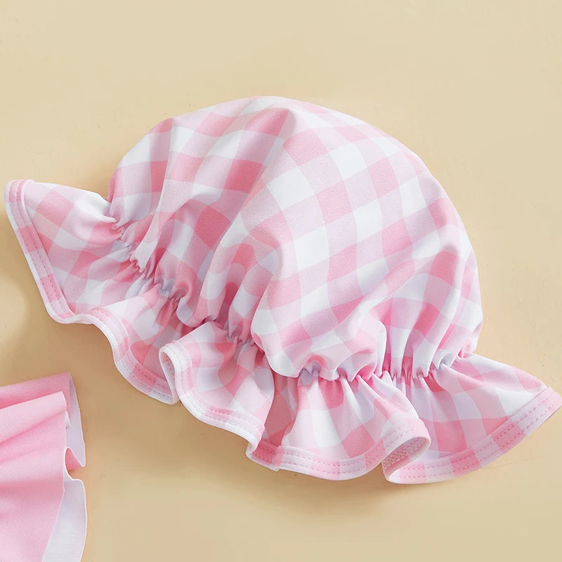 0-3T Toddler Girl Bikini Set Swimsuit Plaid Print Flutter Sleeves Tank Tops with Shorts and Hat Bathing Suit 3 Pcs Beachwear