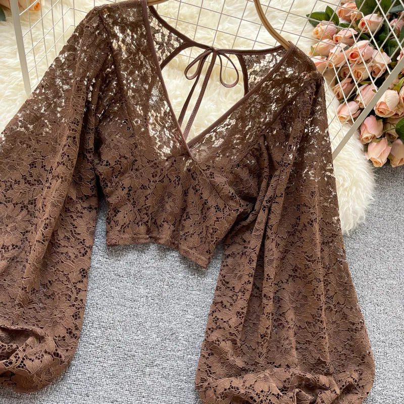 Frenchic Sexy Blusas Mujer Crochet Lace Sheer Women Tops V-neck Lantern Sleeve Backless Lace-up Ladies Elegant Blouse