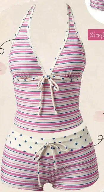 Women Swimwears Polka Dot 2-Piece Tankini Set Halter V Neck Front Tie Cami Top & Contrast Waistband Drawstring Swim Shorts