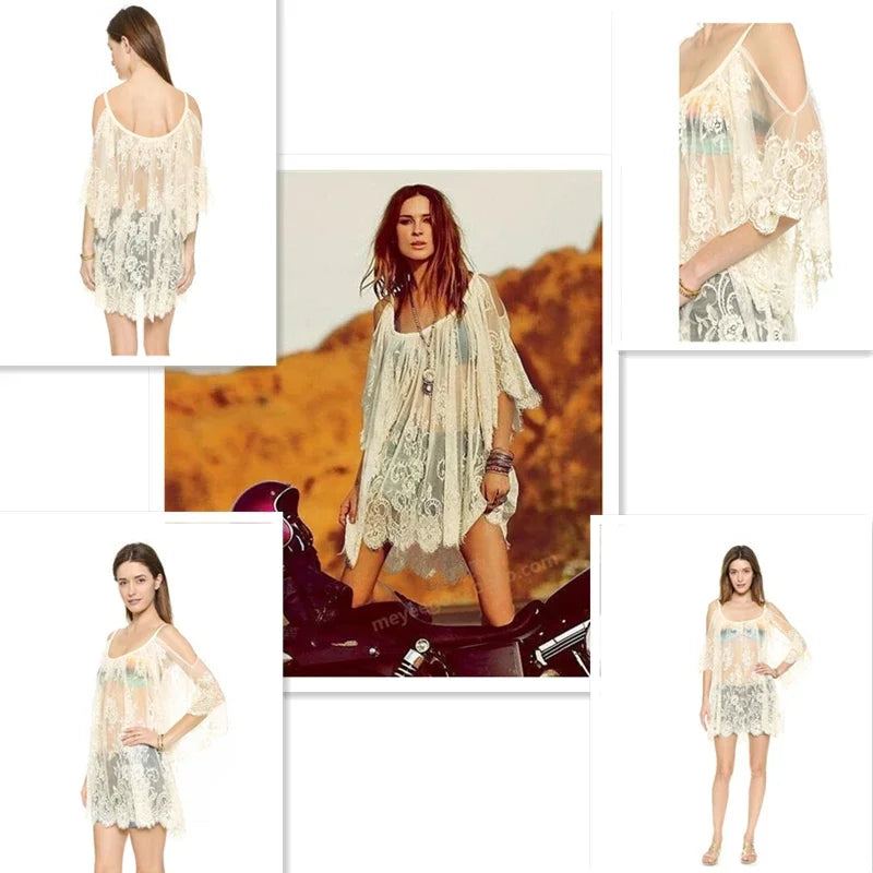 New Saida De Praia Beach Cover Up Pareo Playa Coverup Dress Vestido Livre Swimsuit Wear Swimwear White Lace Women Beachwear