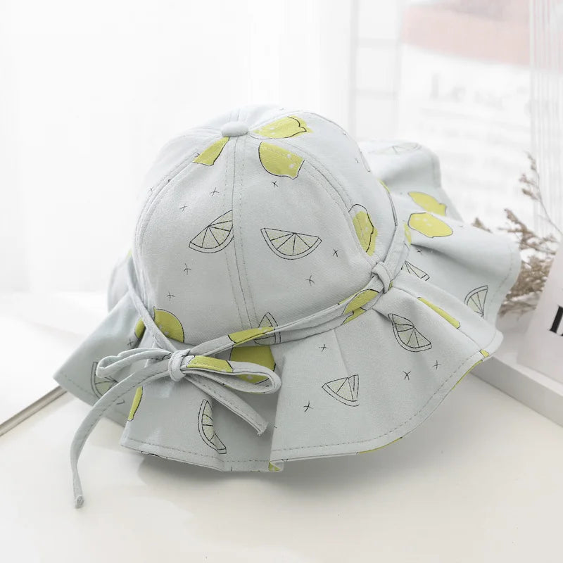 Sweet Baby Summer Hat for Girls Cotton Fruit Print Kids Bucket Hats Bowknot Princess Children Sun Cap Beach Travel 1-3Y