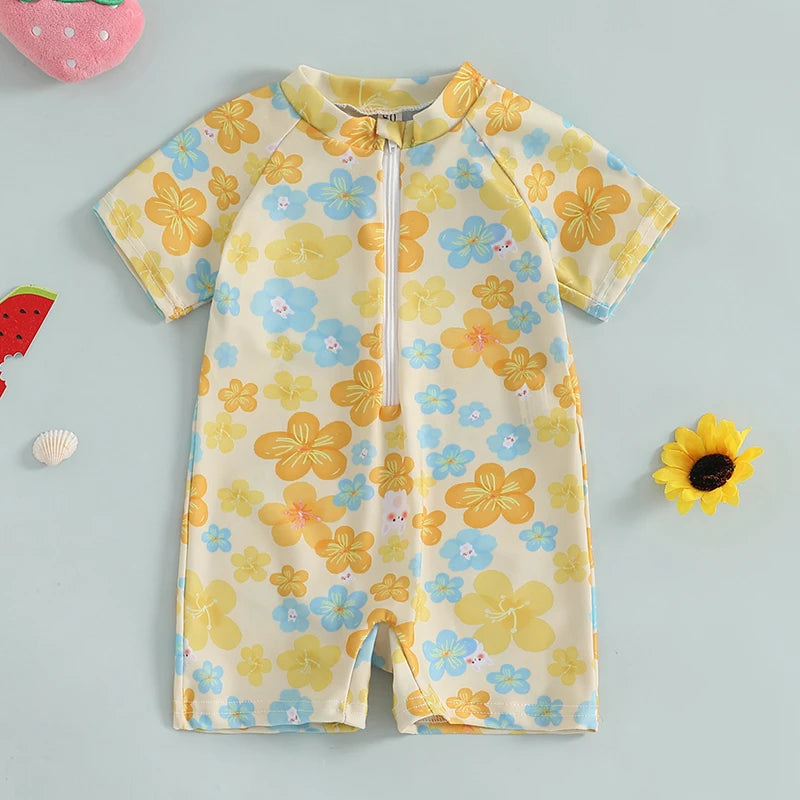 0-3Years Baby Boy Girl Rash Guard Swimsuits Fashion Print Short Sleeve Zip Up Rompers Bathing Suit Toddlers Swimwears Beachwear