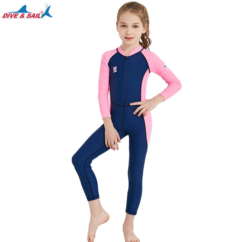 One Pieces Swimsuit Rash Guard Swimwear Long Sleeve Sunsuit for Kids 3-10Y Sun UV Protection
